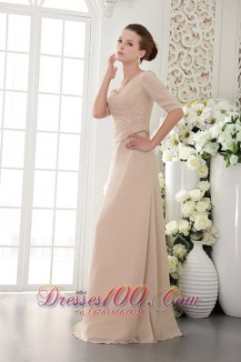 Half Sleeves Champagne V-Neck Mother Of The Bride Dress