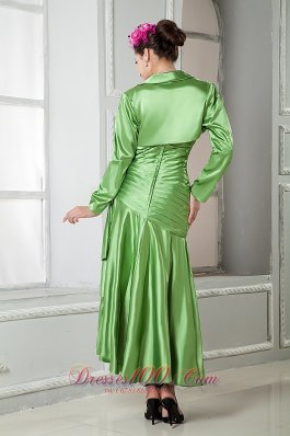 Spring Green Ruched Tea-Length Mothers Dresses For Weddings