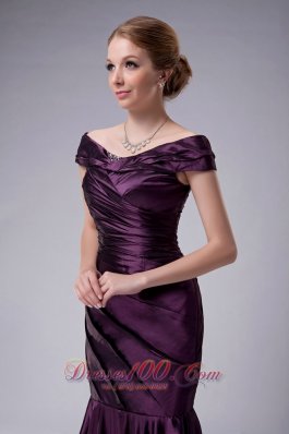 Eggplant Purple Pleated Offer Shoulder Mother's Dress
