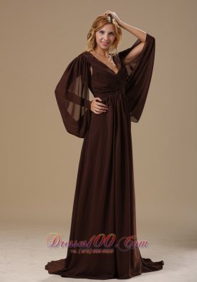 Special Sleeves Dark Brown Chiffon Mother Bride Dress