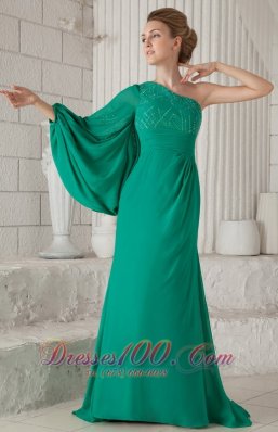 Sea Green One Shoulder Long Sleeves Mother In Law Dress