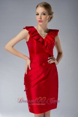 Ruffles V-neck Red Mini-length Mother Of The Dress