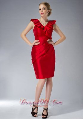 Ruffles V-neck Red Mini-length Mother Of The Dress