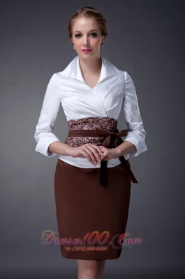 Belt Collar Lace Sleeves White Brown Mothers Dresses