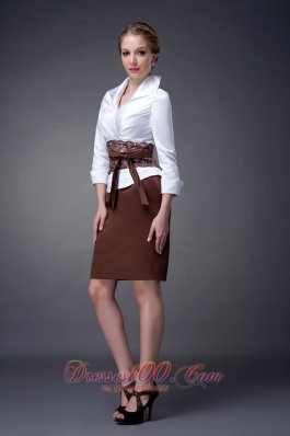 Belt Collar Lace Sleeves White Brown Mothers Dresses