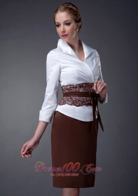 Belt Collar Lace Sleeves White Brown Mothers Dresses