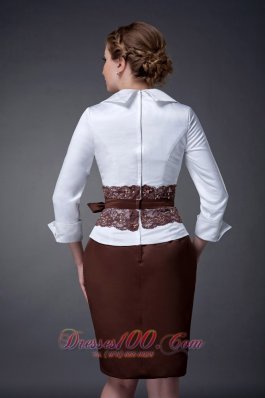 Belt Collar Lace Sleeves White Brown Mothers Dresses