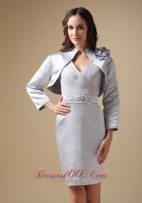 Silver V-neck Beading Knee-length Mother Of The Bride Dress