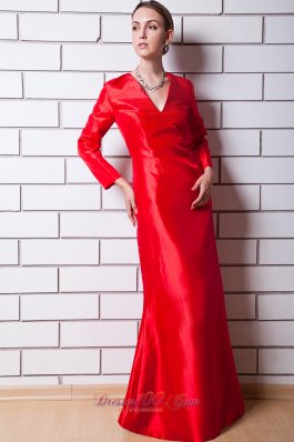 V Neck Red Sleeves Column Mother Of Bride Dress