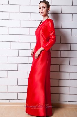 V Neck Red Sleeves Column Mother Of Bride Dress