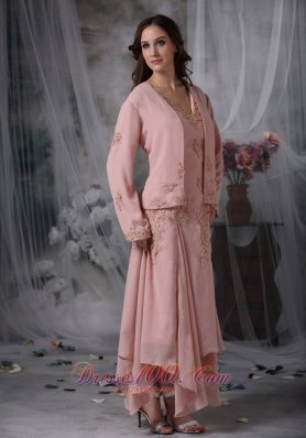 Baby Pink Mother Bride Chiffon Dress V-neck