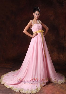 Pink Court Train Appliques Bowknot Prom Dress