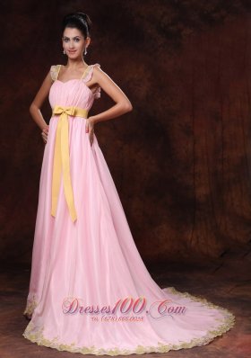 Pink Court Train Appliques Bowknot Prom Dress