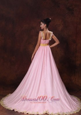 Pink Court Train Appliques Bowknot Prom Dress