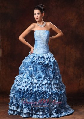 Pieces Ruffles Prom Dress Light Blue Appliques