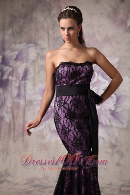 Purple and Black Mermaid Lace Belt Brush Prom Dress