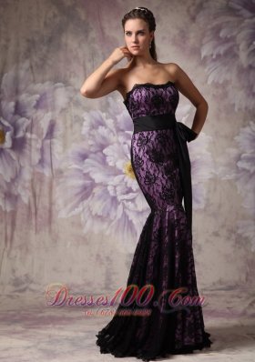 Purple and Black Mermaid Lace Belt Brush Prom Dress