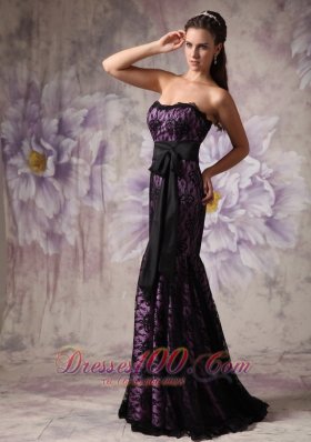 Purple and Black Mermaid Lace Belt Brush Prom Dress