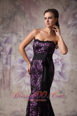 Purple and Black Mermaid Lace Belt Brush Prom Dress