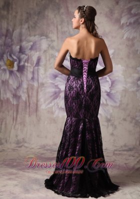 Purple and Black Mermaid Lace Belt Brush Prom Dress