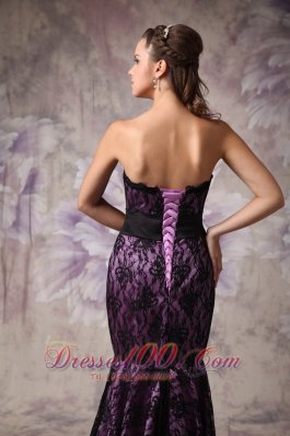 Purple and Black Mermaid Lace Belt Brush Prom Dress