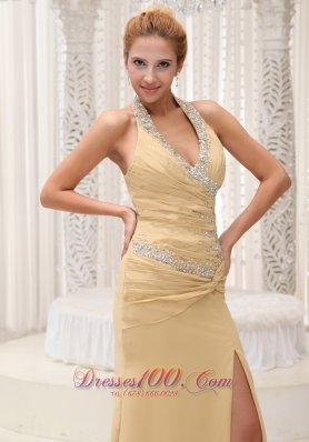 High Slit Beaded Decorate Halter Prom / Evening Dress