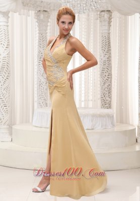 High Slit Beaded Decorate Halter Prom / Evening Dress