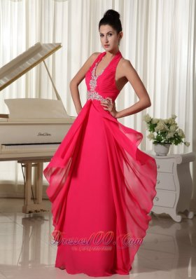 Halter Waist Appliques Chiffon Overlay with Slit Prom Gown