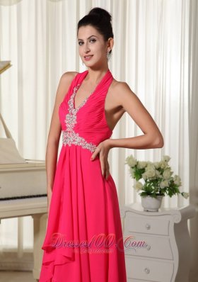 Halter Waist Appliques Chiffon Overlay with Slit Prom Gown