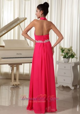 Halter Waist Appliques Chiffon Overlay with Slit Prom Gown