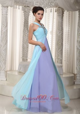 Aqua Blue and Lavender Straps Beading Chiffon Prom