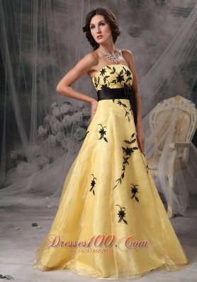 Yellow Prom Gowns with Black Applique and Sash