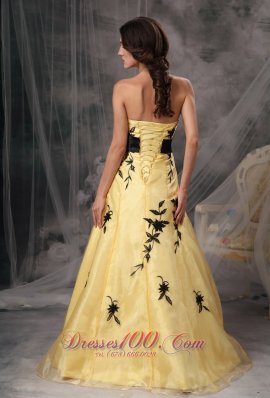 Yellow Prom Gowns with Black Applique and Sash