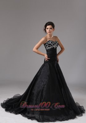 Black Organza Prom Dress With Brush Train Princess