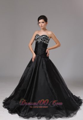 Black Organza Prom Dress With Brush Train Princess