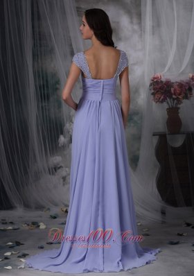 Lilac Mother of Bride Dress Cap Sleeves Ruch Brush Train