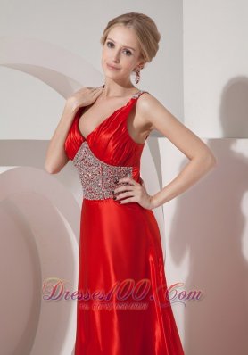 Beaded Straps Deep Neck Silk Like Satin Prom Dress