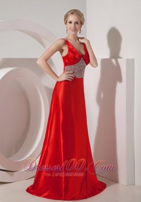 Beaded Straps Deep Neck Silk Like Satin Prom Dress