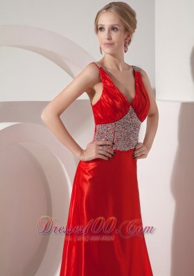 Beaded Straps Deep Neck Silk Like Satin Prom Dress