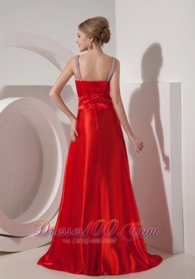 Beaded Straps Deep Neck Silk Like Satin Prom Dress