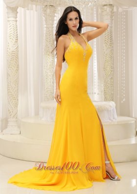 High Slit Halter Top Yellow Brush Train Evening Dress