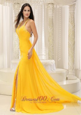 High Slit Halter Top Yellow Brush Train Evening Dress