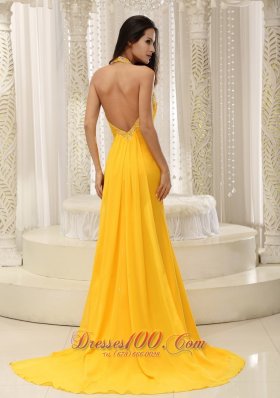 High Slit Halter Top Yellow Brush Train Evening Dress