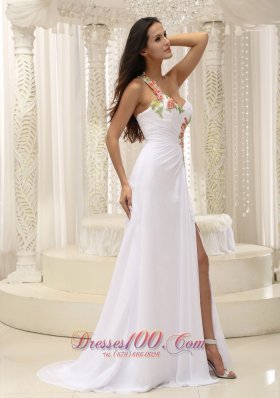 2013 Appliques Dress for Prom Ruched High Slit