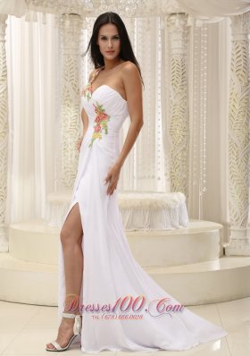 2013 Appliques Dress for Prom Ruched High Slit