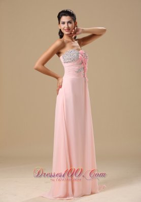 Beading and Hand Made Flowers Light Pink Chiffon Prom Dress