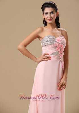 Beading and Hand Made Flowers Light Pink Chiffon Prom Dress