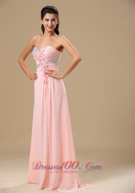 Beading and Hand Made Flowers Light Pink Chiffon Prom Dress