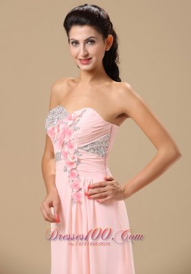 Beading and Hand Made Flowers Light Pink Chiffon Prom Dress