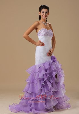 Mermaid Ruffles White and Purple Organza Beaded Prom Dress